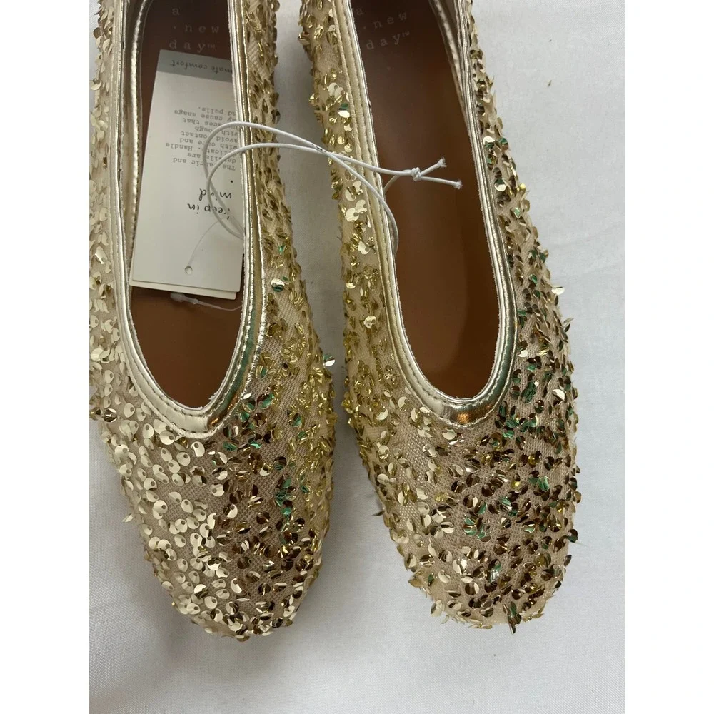 A New Day Womens Gold‎ Sequin Ballet Flats Mesh Slip On Dress Shoes Size 9.5